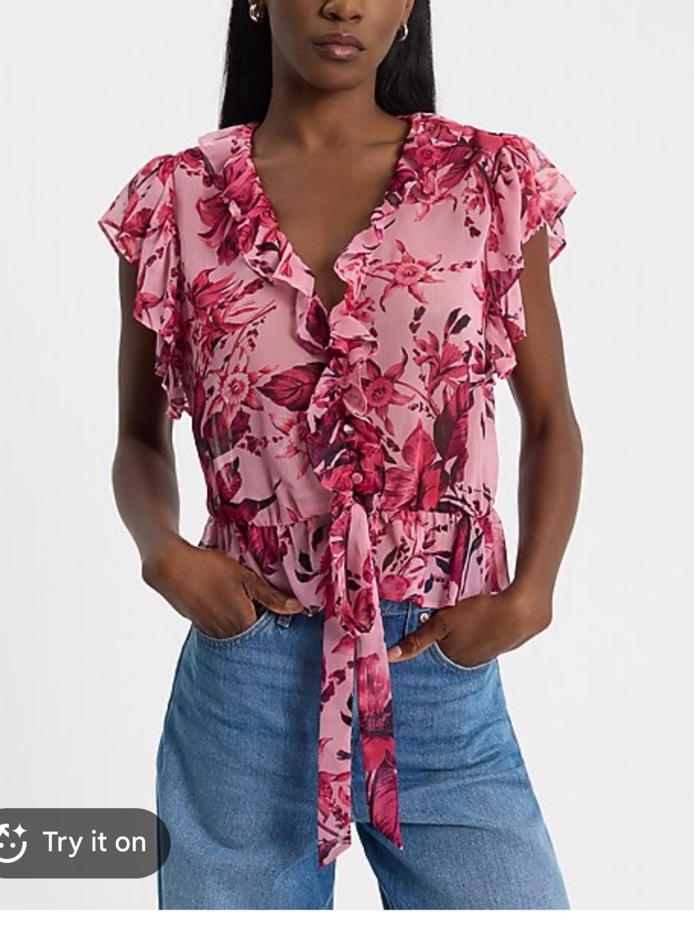 NWT Express Pink Floral V-Neck Ruffle Button Peplum Top Size L